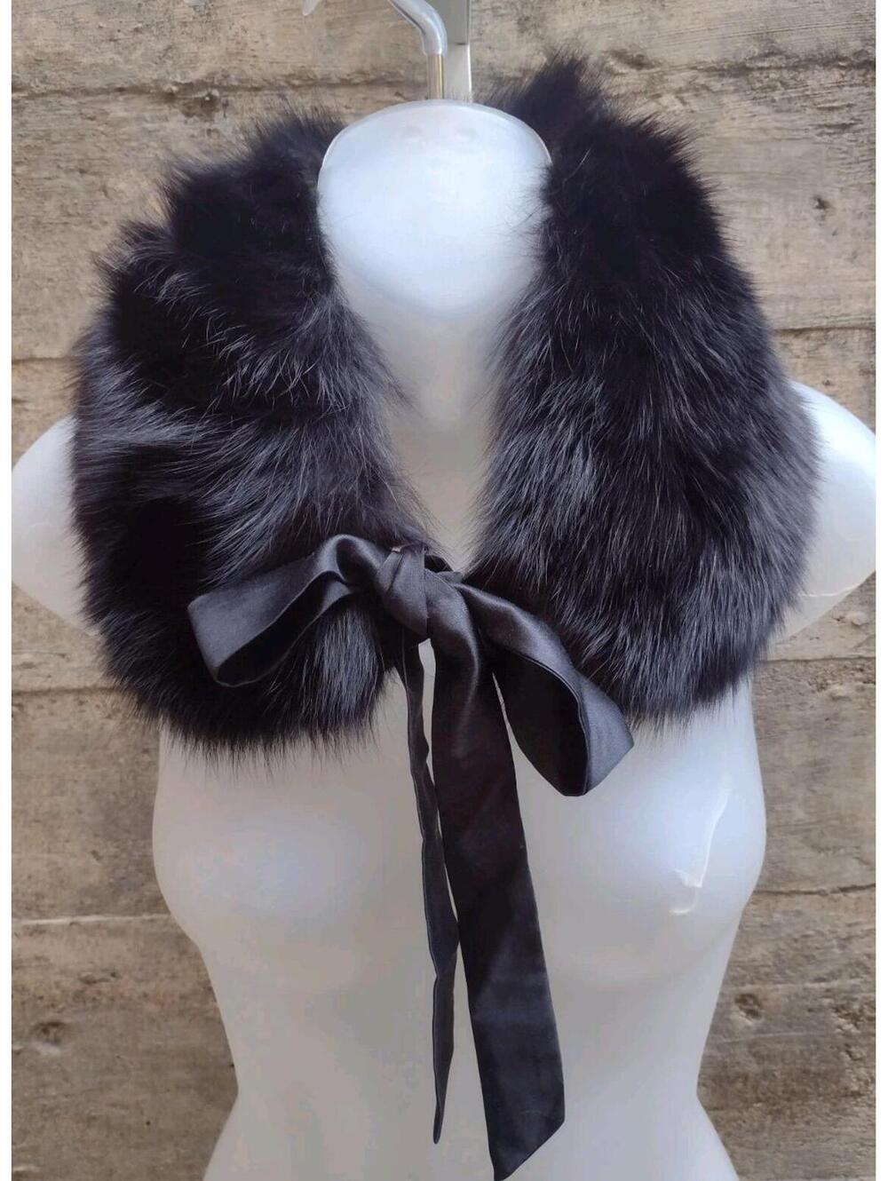 Vintage Bloomingdale’s Fox Fur Collar Black Satin Ribbon Tie Luxe Wrap NWOT